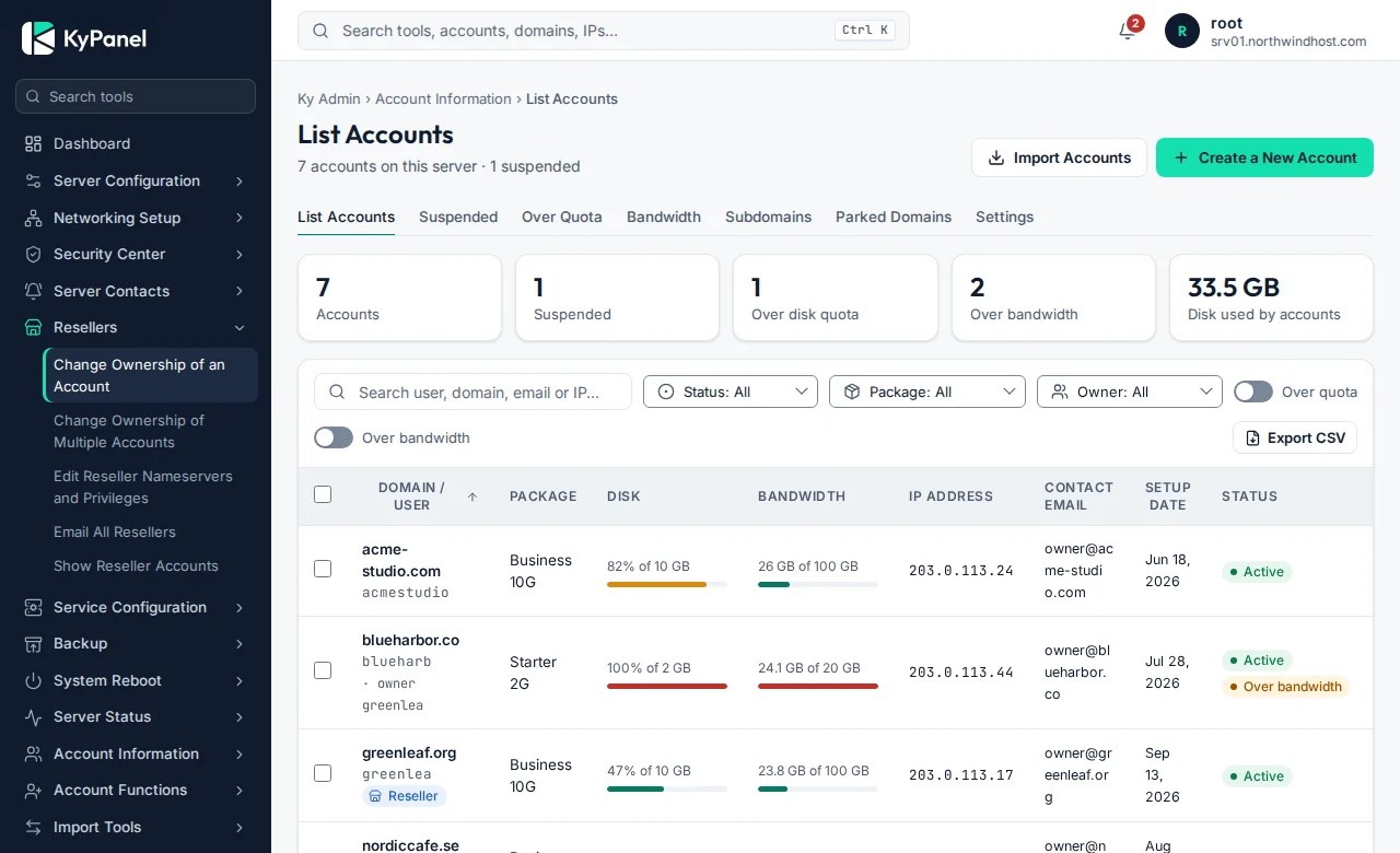 Account list with usage, packages and status