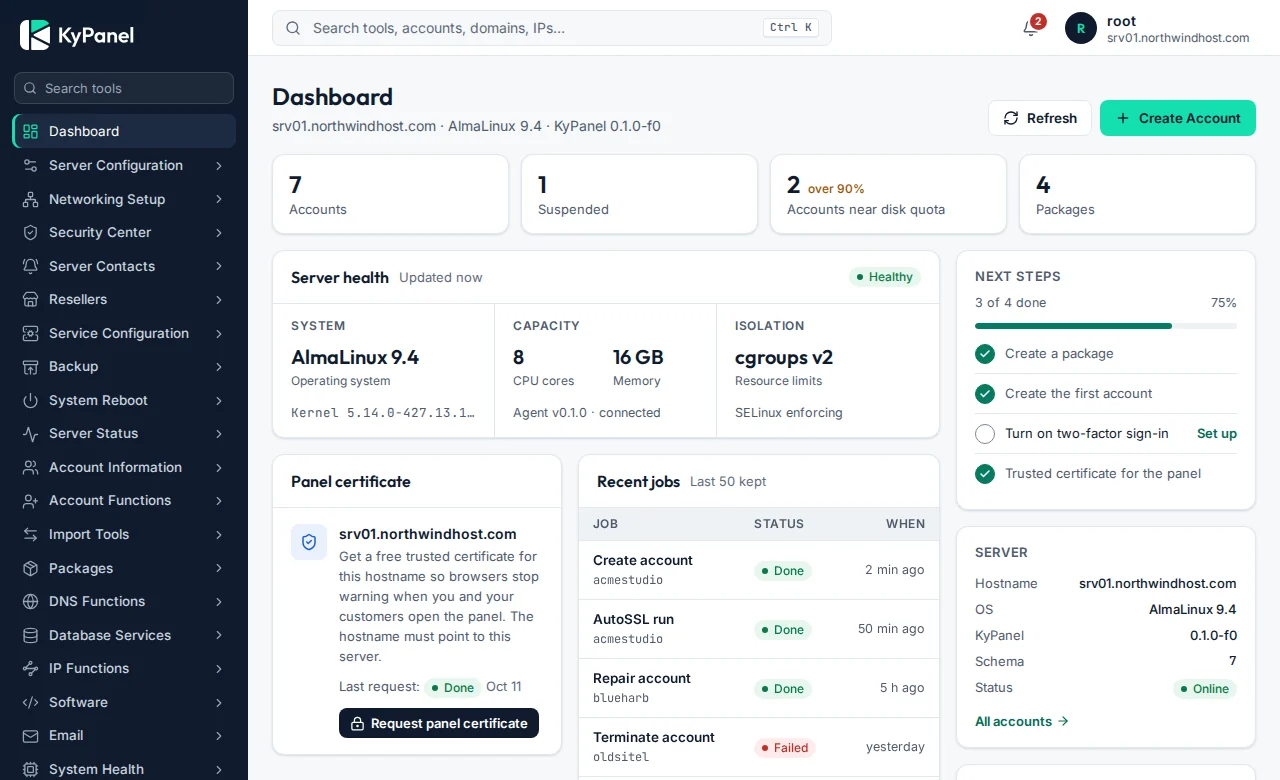 KyPanel admin dashboard: accounts, server health, isolation and updates