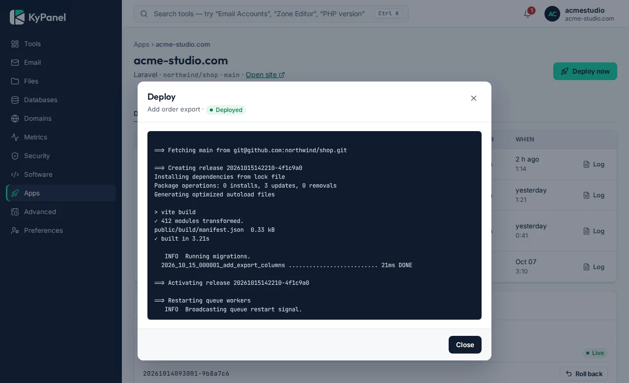 Deploy log of a Laravel release