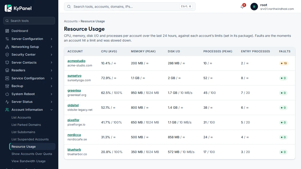 Resource usage per account: CPU, memory, disk I/O, processes and limit hits